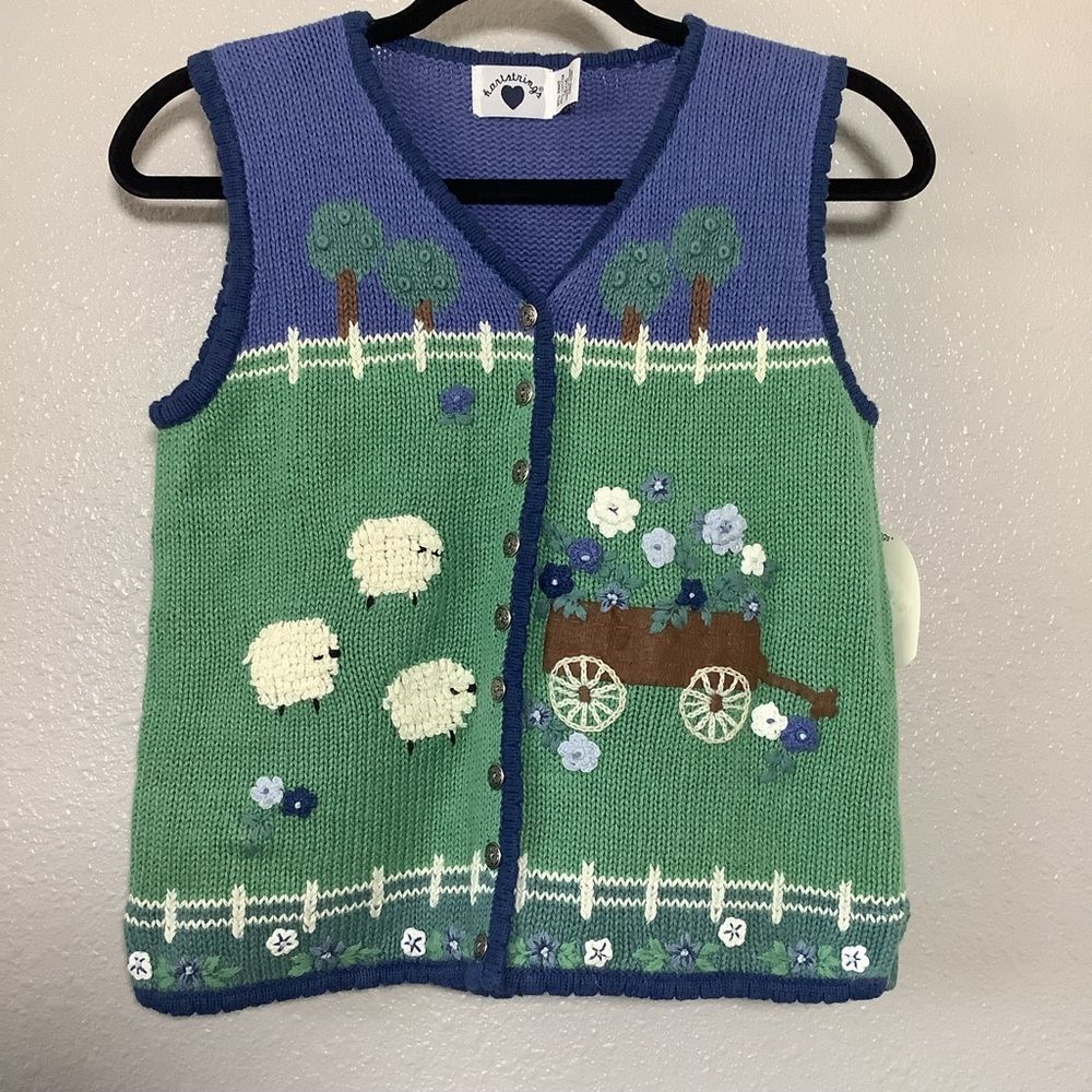 Deadstock NWT 90s Cottagecore‎ Pastoral Whimsical Sheep Knit Sweater Vest 14/16